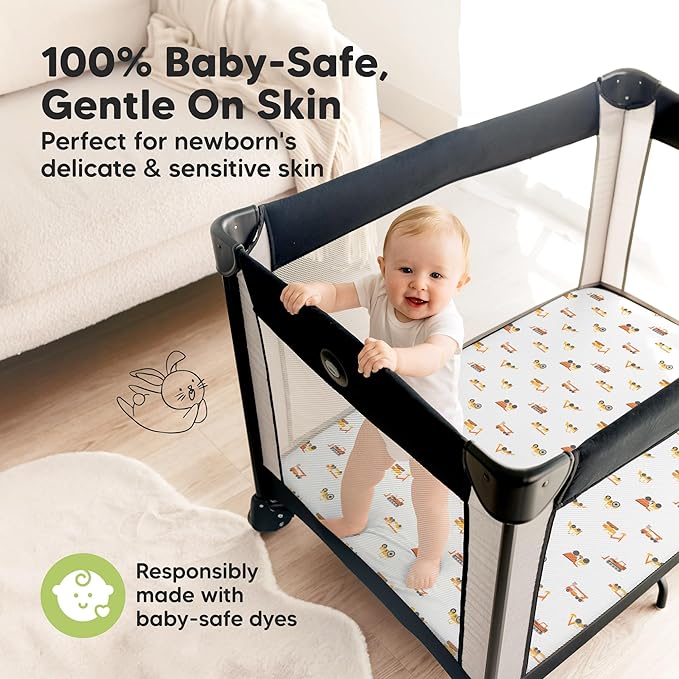 Pack and Play Sheets Fitted - 2-Pack Mini Crib Sheets for Pack N Play Mattress 38x26, Soft & Cozy, Neutral Toddler Playard Bedding, Snug Fitted Mini Baby Crib Mattress Cover Boy, Girl (Construction)