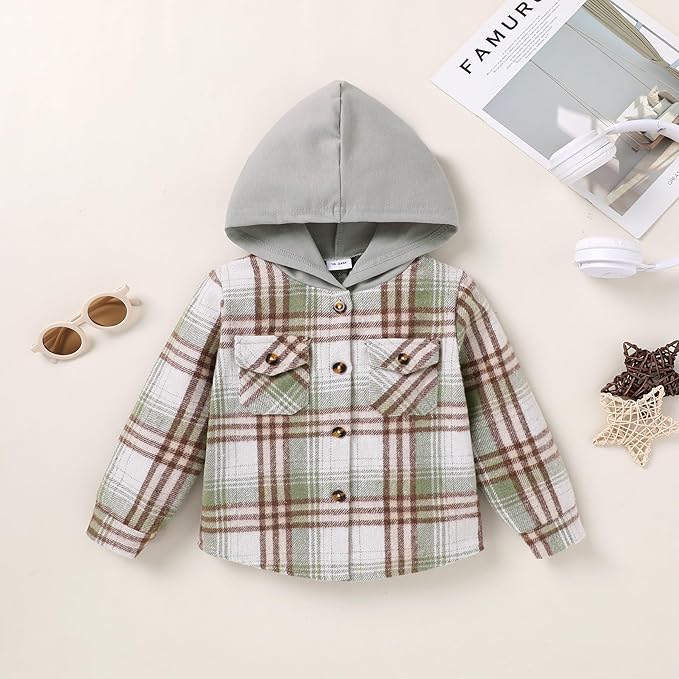 YOUNGER STAR Toddler Kids Boys Girls Flannel Hooded Plaid Shirt Button Baby Red Clothes