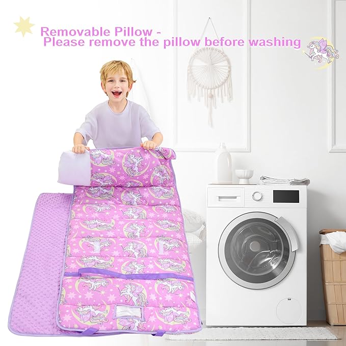 Viviland Toddler Nap Mat, Rolled Sleeping Mats with Pillow and Minky Dot Blanket for Girls, Kids Slumber Bag Nap Mat for Preschool, Daycare, Kindergarten, Travel Camping - Unicorn Magic