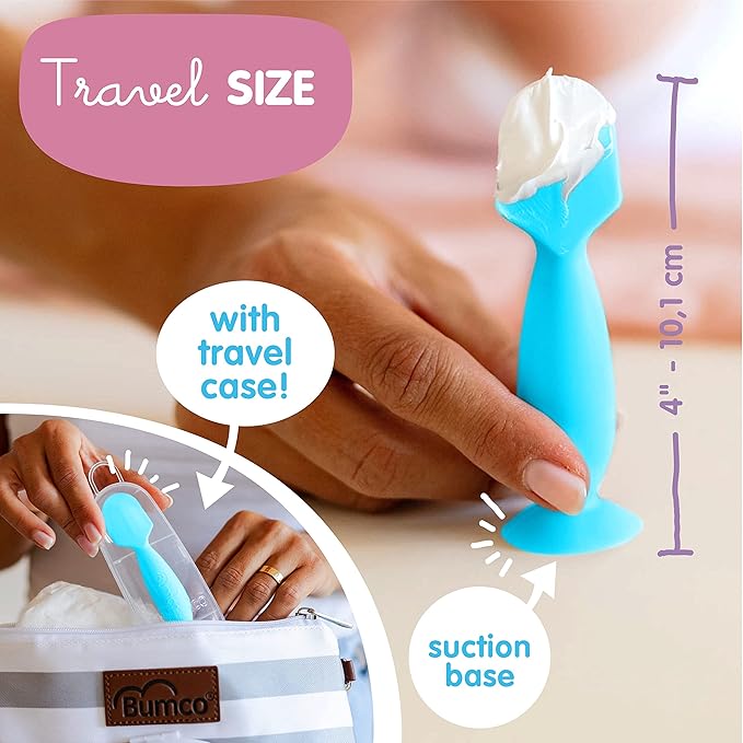Bumco Mini Baby Diaper Cream Spatula with Case - BPA-Free Silicone Diaper Spatula with Suction Cup, Wipe-Clean Baby Bum Brush, Mom-Invented Butt Paste Applicator (Blue)