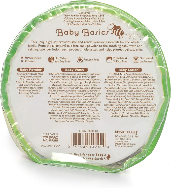 Little Twig Baby Basics Baby Powder Plus Baby Wash and Lotion Washcloth and Tub Toy Gift Set, Lavender/Unscented, 1.9 Pound