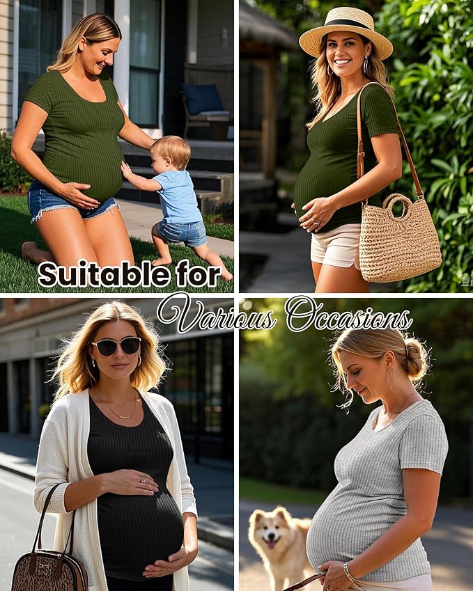 Neer 3 Pack Women's Ribbed Maternity Tops Pregnancy Round Neck Shirts Short Sleeve Soft Maternity Clothes for Mama