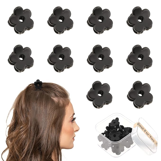 Mini Black Flower Hair Clips - Tiny Claw Clips with Strong Hold for Thin Hair, Cute Nonslip Jaw Clips for Hair Styling Accessories with Box
