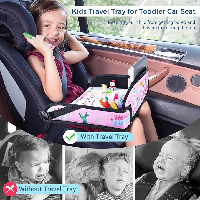 COOLBEBE Kids Travel Tray for Toddler Car Seat, Travel Tray for Airplane, Toddler Car Seat Lap Tray, Carseat Table Tray for Kids Travel Activities (Pink Alpaca)