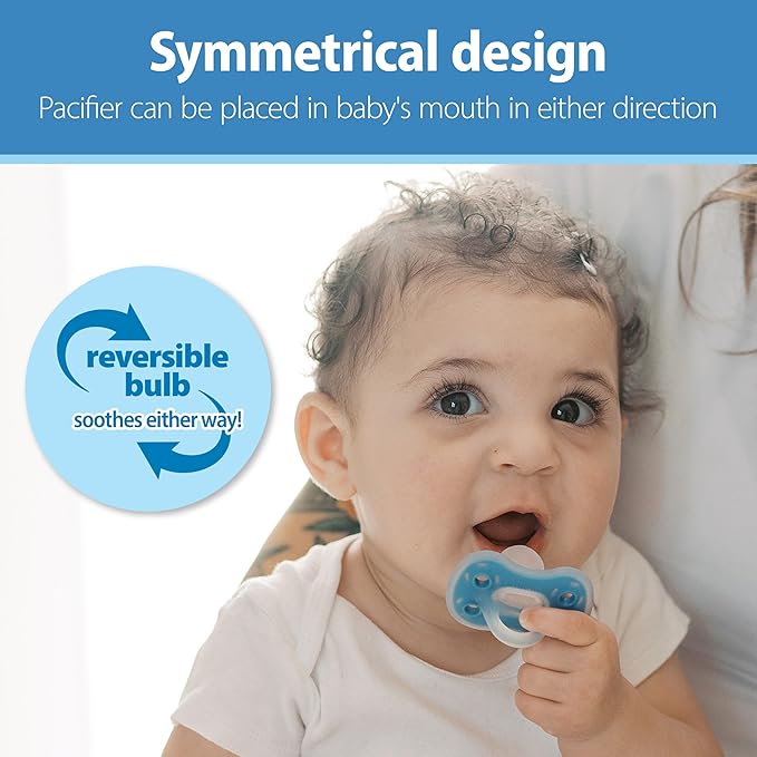 Dr. Brown's Advantage One-Piece Silicone Baby Pacifier, Fully Symmetrical Soother, Blue/Light Blue/Gray, 0-6m, BPA Free, 3 Pack