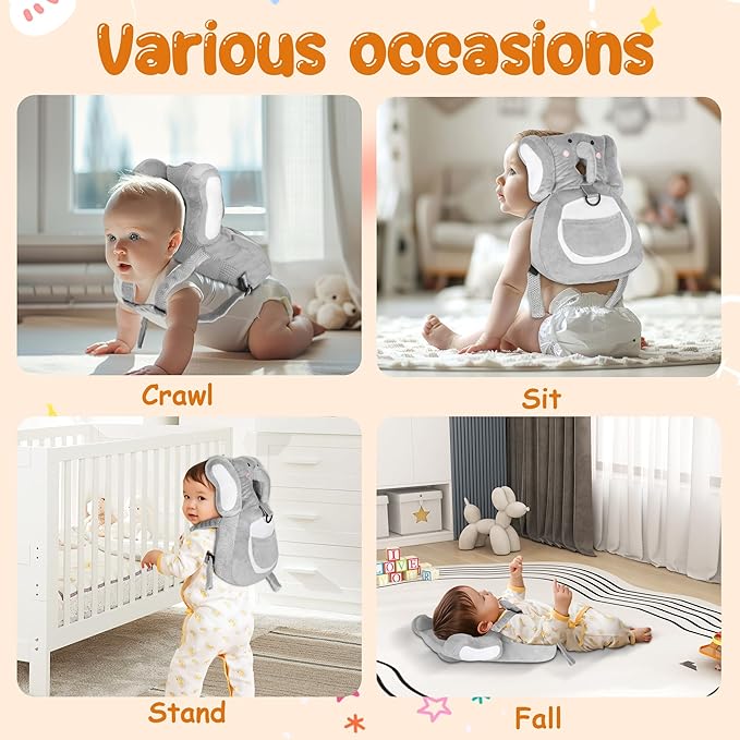 Baby Backpack Walker Protection, Toddler Head Protector Backpack Adjustable 270° Three-Sided Protection Breathable Design with Knee Pads & Safety Rope, 6-12 Month Baby(Elephant)