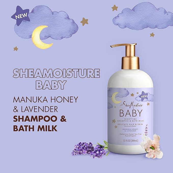 SheaMoisture Baby Shampoo & Bath Milk Manuka Honey & Lavender for Delicate Hair and Skin Nighttime Skin and Hair Care Regimen 13 oz