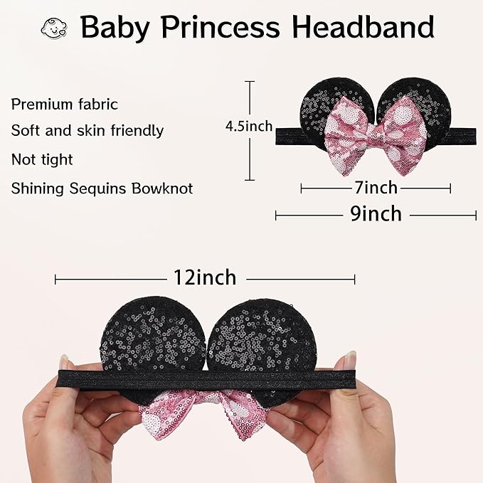 3 PCS Mouse Ears Sequin Bow Nylon Hairband with Polka Dot Cute Baby Headbands Soft Hairbands Hair Accessories for Newborn Infant Toddler