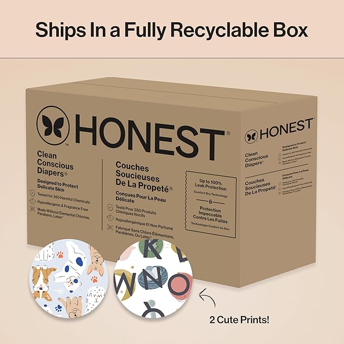 The Honest Company Comfort Dry Disposable Diapers for Sensitive Skin, Hypoallergenic, All The Letters + It's a Pawty, Super Club Box, Size 5 (27 lbs), 84 Count