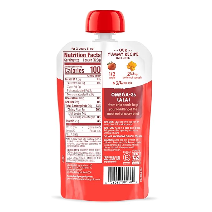 HAPPYTOT Organics Stage 4 Baby Food Pouches, Gluten Free, Vegan Snack, SuperFoods Fruit & Veggie Puree, Apples, Butternut Squash & Chia, 4.22 Ounce (Pack of 16)