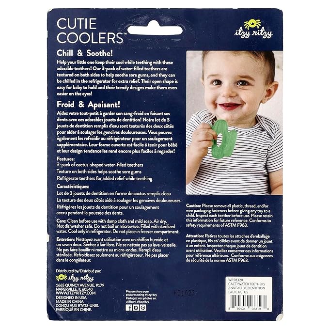 Itzy Ritzy Water-Filled Teethers - Cold Cutie Coolers Textured On Both Sides to Massage Sore Gums & Emerging Teeth - Can Be Chilled in Refrigerator, Set of 3 Green Cactus Water Teethers