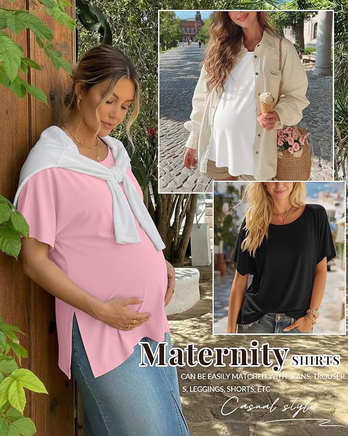 Riyiper 3 Pack Women's Maternity Tunic Shirts Cotton Summer Pregnancy Clothes Loose Oversized Split Side Blouse Tops