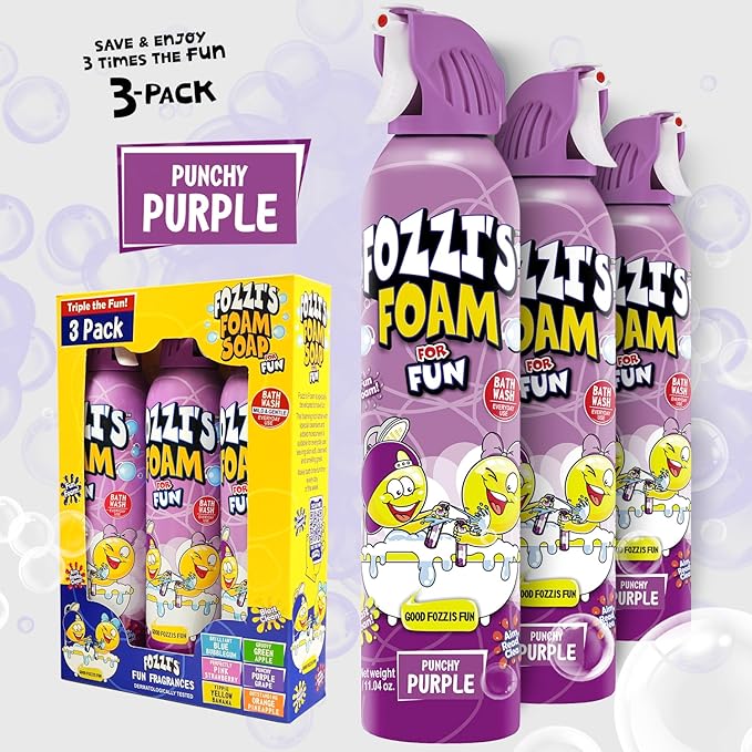 FOZZI'S Punchy Purple Bath Foam Soap for Kids (3 Pack) - Fun Aerosol Spray - Squishy Bubble Soap for Playtime - Gentle Cleanser Foaming Body Wash - Safe Bath Fun for Everyday Wash
