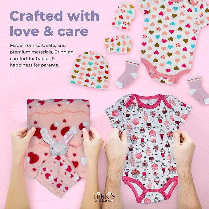 Bassinet New Baby Girl Gift Set | Unique Newborn Gift Basket Hamper for Gender Reveal | Baby Essentials for Expecting Moms & Parents | 17-Piece Baby Layette Set | Pink - Nikki's Gift Baskets