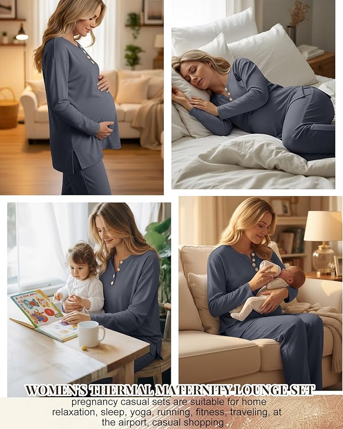 2 Piece Thermal Maternity Lounge Set Postpartum Pregnancy Fleece Loungewear Long Sleeve Top and Wide Leg Pant