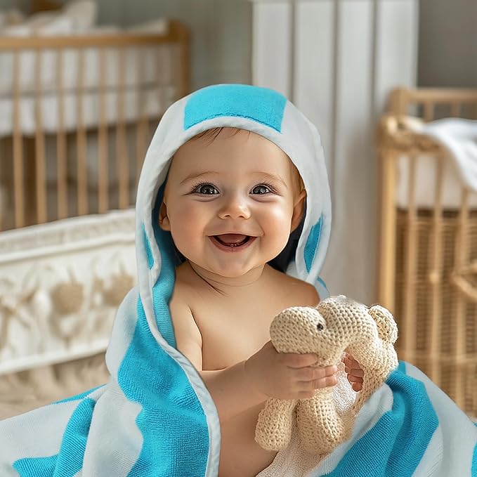 ORIGINAL KIDS Hooded Baby Towel for Newborn - 100% Cotton Baby Bath Towel with Hood - Boys Girls Infants Toddler - Soft Absorbent Beach Pool Newborn Bath Essentials - Large 32x32 - Cabana Stripe Aqua