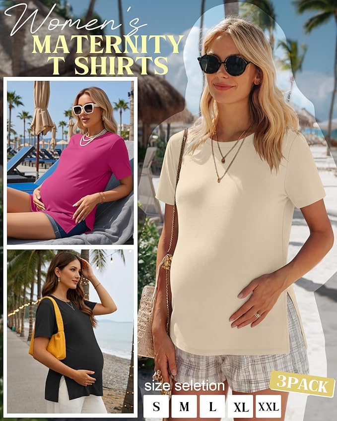Ficerd 3 Pack Women's Maternity T Shirts, Short Sleeve Side Split Pregnancy Tops Casual Crew Neck Pregnant Tees Mama Clothes