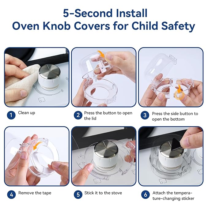 Stove Knob Safety Covers, 5Pcs Fits 90% Oven/Stove 5 Heat Alert Stickers Oven Knob Covers for Child Safety, 2nd Gen Kitchen Burner Childproofing, Gas Stove Knob Locks for Kid Baby Pet (Clear)