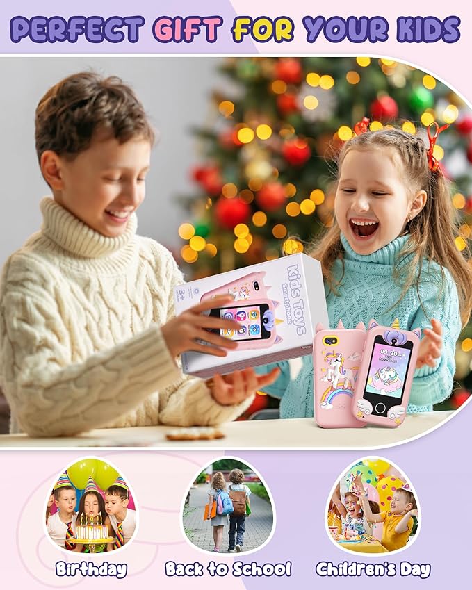 UCIDCI Unicorn Kids Smart Phone Toys for Boy Dual Camera & Music Player Toddler Selfie Phone Toys Road Trip Toys with Learning Games, Christmas, Birthday Gifts for 3 4 5 6 7 Year Old Pink