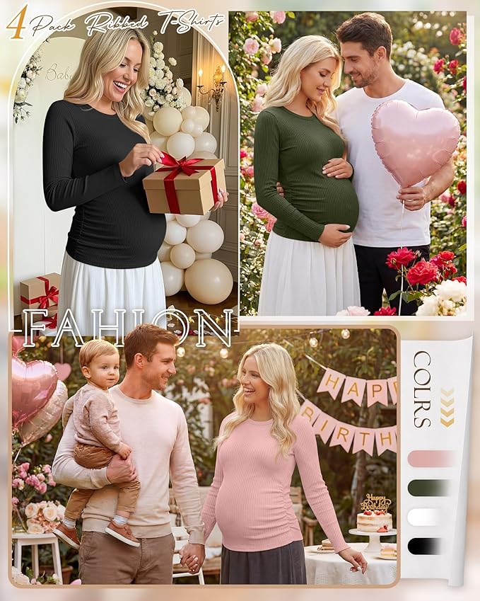 Ficerd 4 Pack Women's Maternity Shirts Cotton Long Sleeve Ribbed Crew Neck Pregnancy Tops Side Ruched Casual Mama Clothes