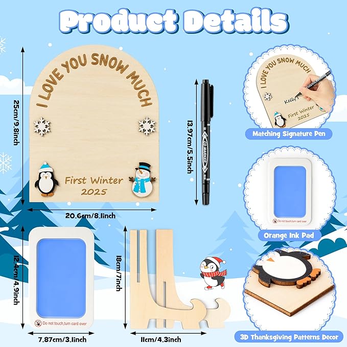 R HORSE DIY Winter Footprint or Handprint Art Sign with Ink Pad, 3D Snowman Newborn Wooden Milestone with Marker Pen, Baby’s 1st Winter Footprint Keepsake Craft Gift Baby Shower Nursery Decor Prop