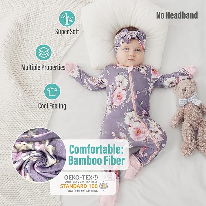 OPAWO Viscose from Bamboo Baby Pajamas Girl 2pack Mittens Cuff 2 Way Zipper Soft Footless Sleeper Baby Boy One-Piece Romper