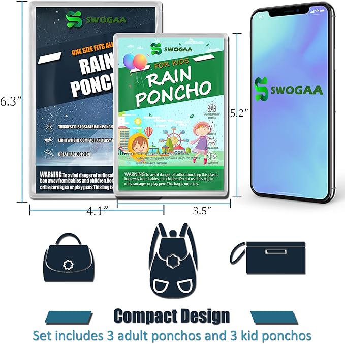 Disposable Rain Ponchos for Kids 6 Pack/Adults 10 and 6 Pack/Ponchos Family 6 Pack Extra Thicker Emergency Ponchos