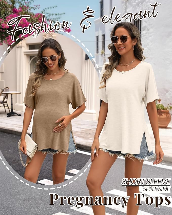 Riyiper 3 Pack Women's Maternity Tunic Shirts Cotton Summer Pregnancy Clothes Loose Oversized Split Side Blouse Tops