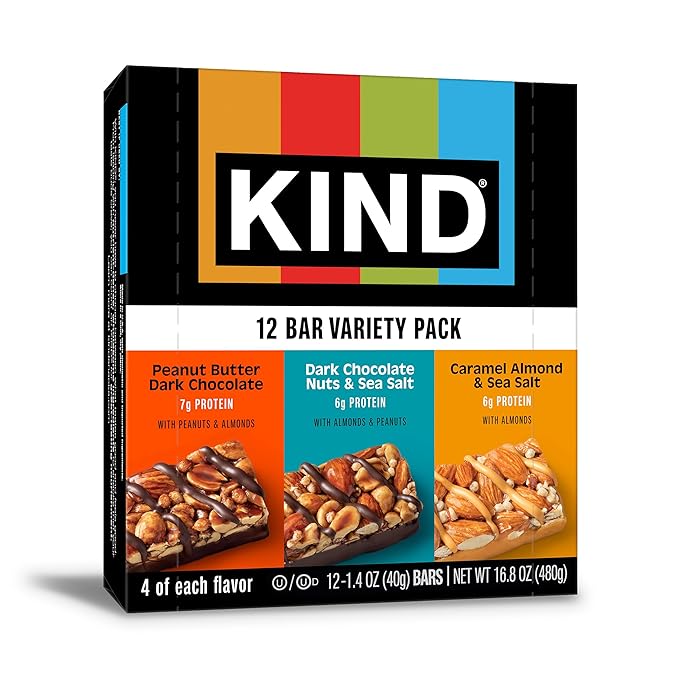 KIND Nut Bars, Variety Pack, Dark Chocolate Nuts & Sea Salt, Peanut Butter Dark Chocolate, and Caramel Almond Sea Salt, Gluten Free, Low Sugar, 5-7g Protein, 12 Count