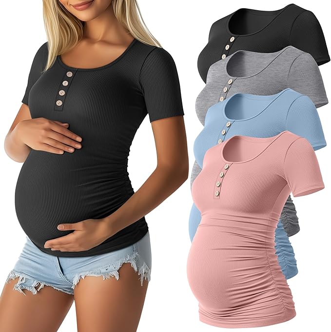 4 Pack Womens Maternity Shirts Scoop Neck Cotton Short Sleeve Ribbed Pregnancy Top Henley Side Ruched Mama Clothes