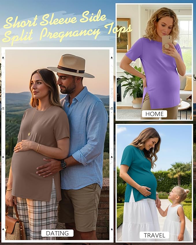 Ficerd 3 Pack Women's Maternity T Shirts, Short Sleeve Side Split Pregnancy Tops Casual Crew Neck Pregnant Tees Mama Clothes