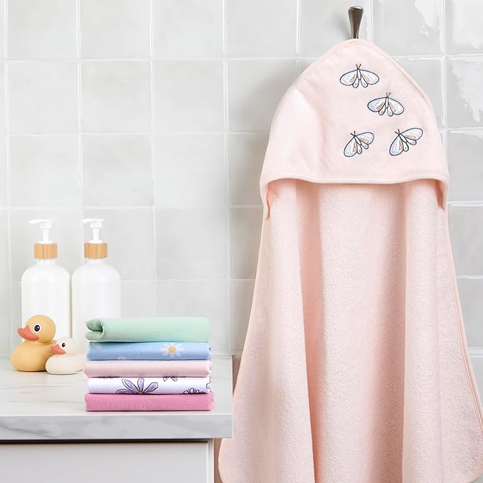 Evolur Secret Garden 6 pc Baby Gift Set, Includes Hooded Towel & 5pc Wash Cloths, Soft and 100% Cotton Woven, for Newborn, Infants and Toddlers 0-9 Months