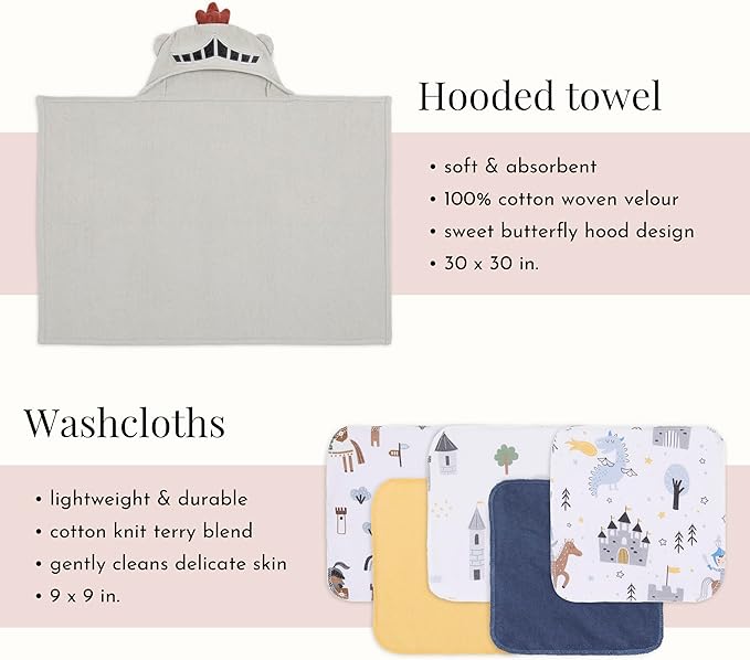Evolur Good Knight 6 pc Baby Gift Set, Includes Hooded Towel & 5pc Wash Cloths, Soft and 100% Cotton Woven, for Newborn, Infants and Toddlers 0-9 Months