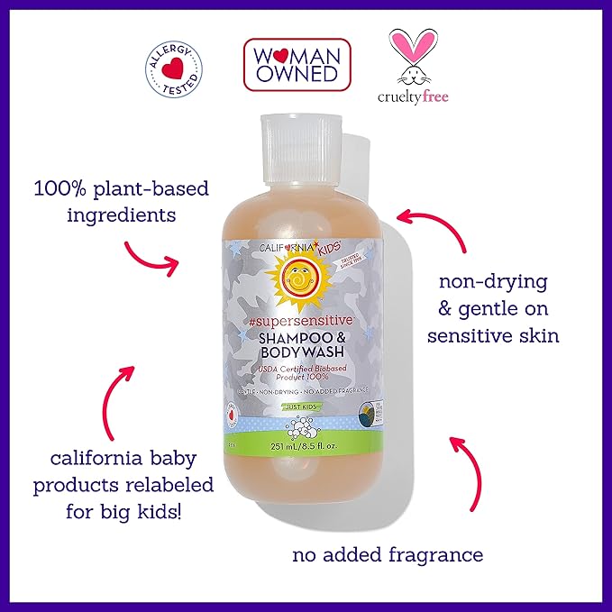 California Kids Shampoo + Body Wash | Super Sensitive Unscented | Gentle Skin Care for Kids + Teens | 100% Plant-Based | Hypoallergenic | 8.5 oz