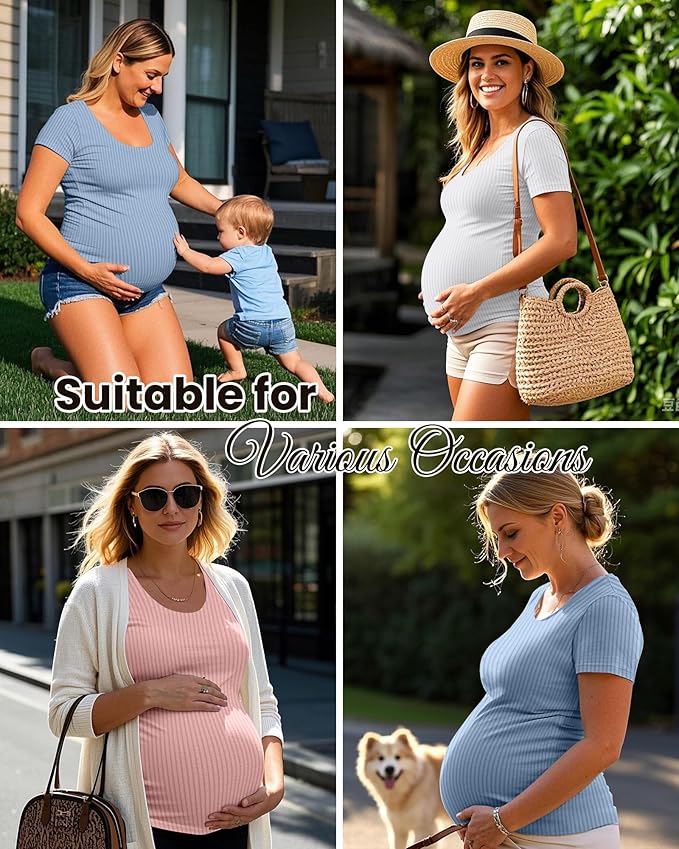 Neer 3 Pack Women's Ribbed Maternity Tops Pregnancy Round Neck Shirts Short Sleeve Soft Maternity Clothes for Mama