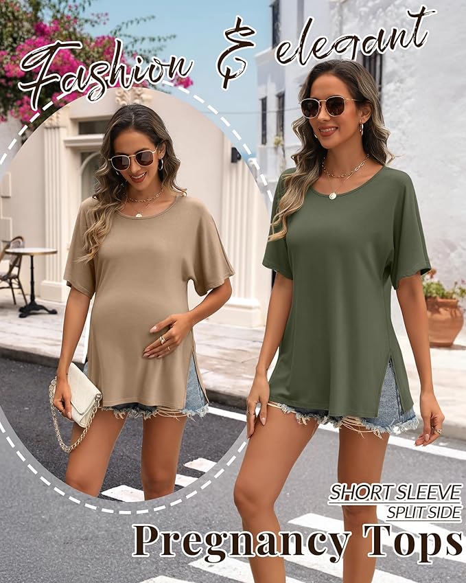 Riyiper 3 Pack Women's Maternity Tunic Shirts Cotton Summer Pregnancy Clothes Loose Oversized Split Side Blouse Tops
