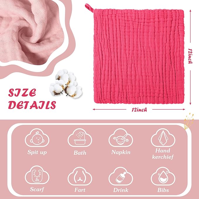 8 Pcs Baby Washcloths for Newborn 12 x 12 Inch Muslin Face Towels Cotton Absorbent for Delicate Skin Soft Muslin Cloth Reusable Baby Registry as Shower Gift, 4 Colors(Rose Red)
