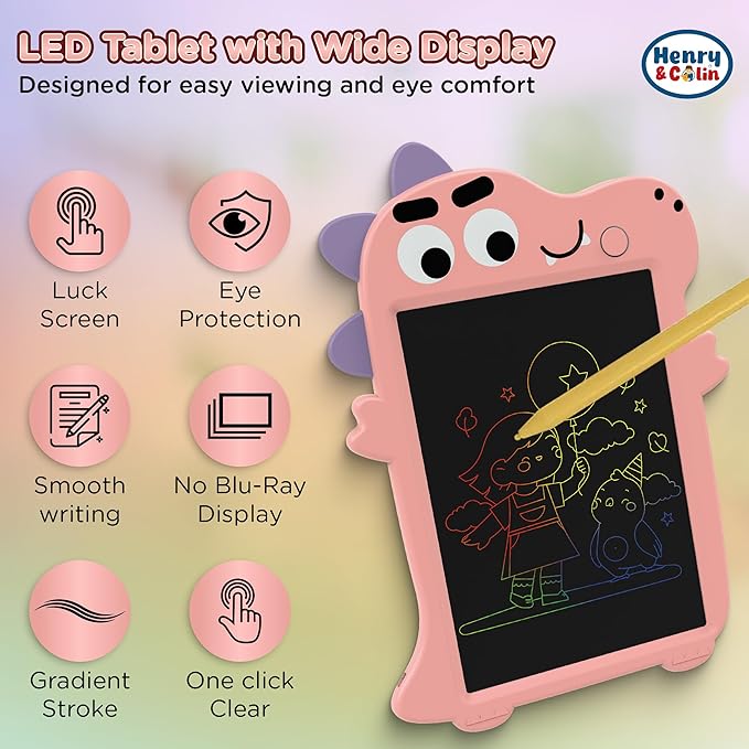 Henry & Colin Dinosaur-Themed LCD Writing Tablet for Kids – Reusable, Travel-Friendly Drawing Pad for Boys & Girls Ages 3 & Up. Perfect for Creativity, Fun, Learning, and Education (Pink)