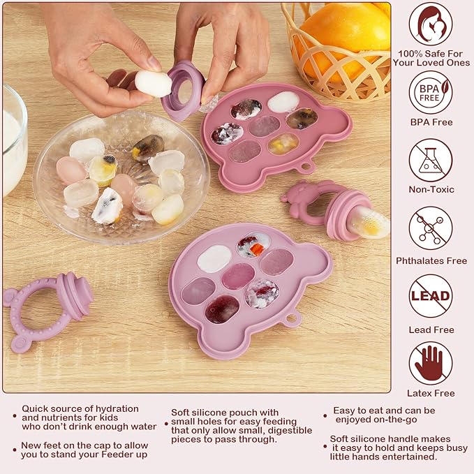 WAJIAYON Baby Breastmilk Popsicle Molds & Baby Fruit Feeder (4 Pack), Infant Food Freezer Tray Storage Containers, Silicone Teething Pacifier Feeder and Teether for Babies,Silicone Feeder(Pink)