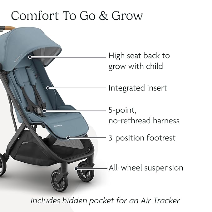 UPPAbaby Minu V3 Travel Stroller | Lightweight + Compact Design | One-Hand Fold + Unfold | from Birth + Overhead Compatible | Dillan (Stone Blue/Carbon Frame/Sand Leather)