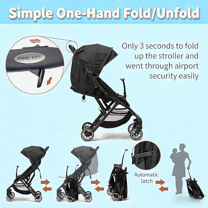 COOL KIDS Portable Stroller with Automatic Fold，Lightweight Umbrella Stroller with Pop Out Sun Canopy，Compact Strollers for Travel(Black)