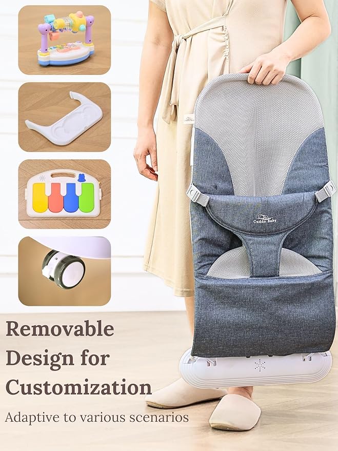 CuddoBaby Baby Bouncer 4-in-1 on Wheels |Detachable Pianos, Feeding Tray| 3-Level Recline Foldable Seat with Play Bar for Infant to Toddler 0-6, 0-12, 12-24 Months, Boy Gift Idea - Blue