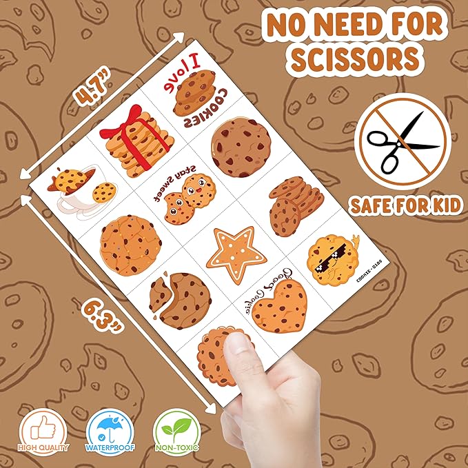 96 PCS Cute Cookie Pre-Cut Temporary Tattoos for Kids | Super Cute Milk Biscuits Themed Birthday Party Favors, Supplies, Decorations, Fake Tattoo Stickers, School Rewards Prizes & Gifts For Boys Girls