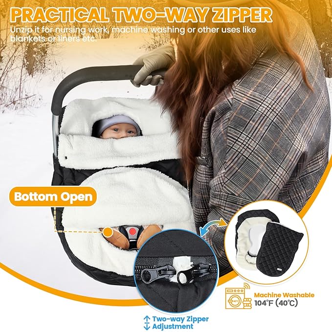 IvyWind Winter Car Seat Cover, Warm Winter Carseat Cover for Baby Boys & Girls, Waterproof Car Seat Winter Cover with Removable Zipper, Keeps Babies Warm and Cozy in Cold Weather, Black