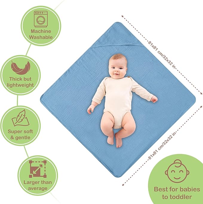 100% Organic Cotton Muslin Baby Hooded Towels 32x32 Inch – 2 Pack Soft & Absorbent Baby Towels with Hood for Boys & Girls, Premium Hooded Towels, Gentle Baby Essentials in Deep Blue/Aquarius