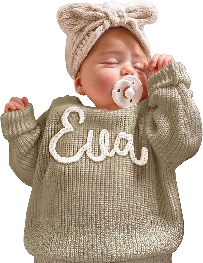 Personalized Baby Knit Sweater, Custom Baby Sweater with Hand-Embroidered Name and Monogram, Customized Unique Gift for Baby
