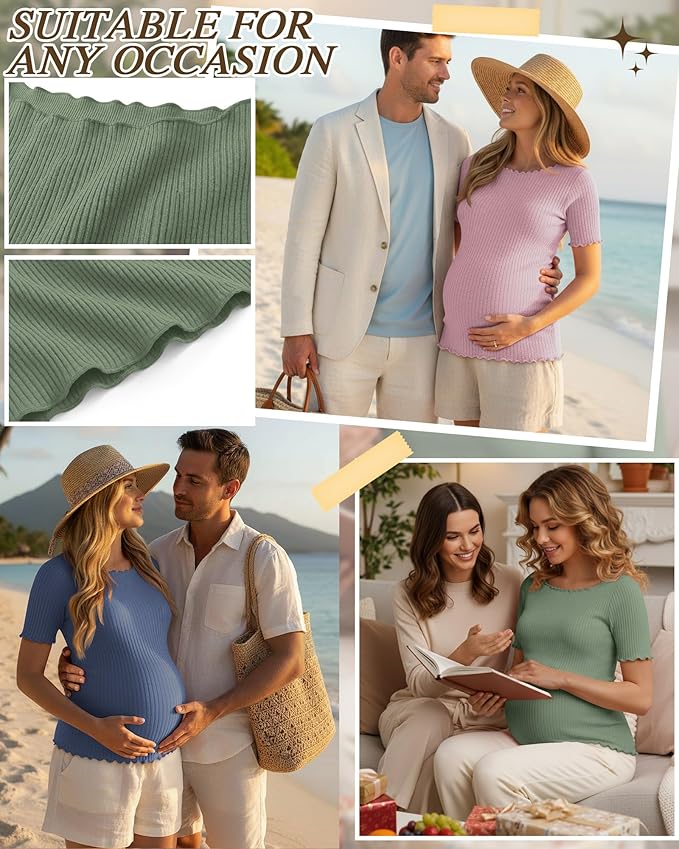 3 Pack Women's Maternity Ribbed Shirts Cotton Short Sleeve Pregnancy Tops Boat Neck Lettuce Trim Mama Clothes