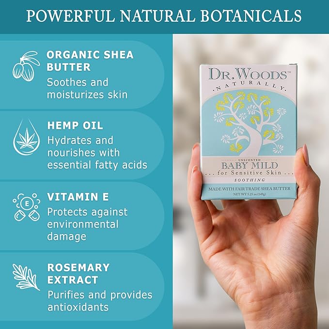 Dr. Woods Unscented Baby Mild Bar Soap with Organic Shea Butter - Made with Natural Oils, Fragrance Free Castile Bar Soap for Sensitive Skin - 5.25 Oz Bar (Pack of 3)