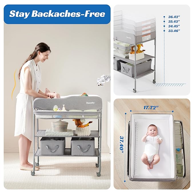 Sweeby Portable Baby Changing Table, Non-Foldable Changing Table Dresser Changing Station for Infant, Waterproof Pad Topper, Mobile Nursery Organizer for Newborn Essentials, Gray, Classic