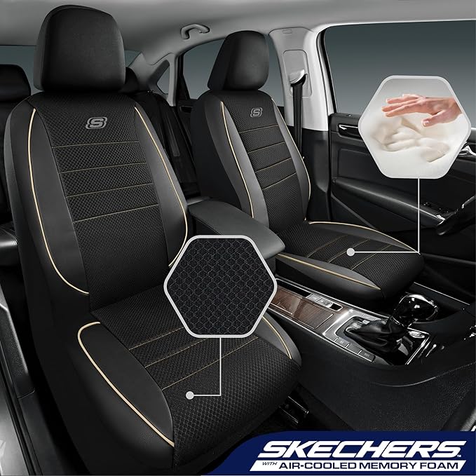 Skechers Air-Cooled Memory Foam Seat Cover, Mesh Thick Car Seat Covers,Piping Leather Car Seat Covers Front Seats, Airbag Compatible, Automotive Comfort for Most Cars, Vans, Trucks, SUV, Beige